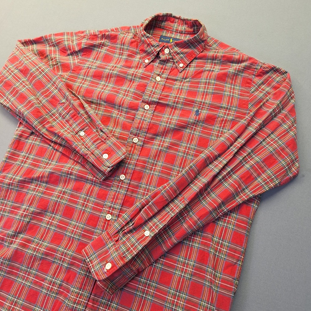 Ralph Lauren Mens Red Plaid Long Sleeve Button Down Shirt Size Medium 100 Cotton